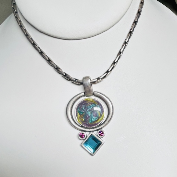 Chico’s Swirled Enameled Blue, Purple Green Medallion Antiqued Silver Pewter - Picture 1 of 12